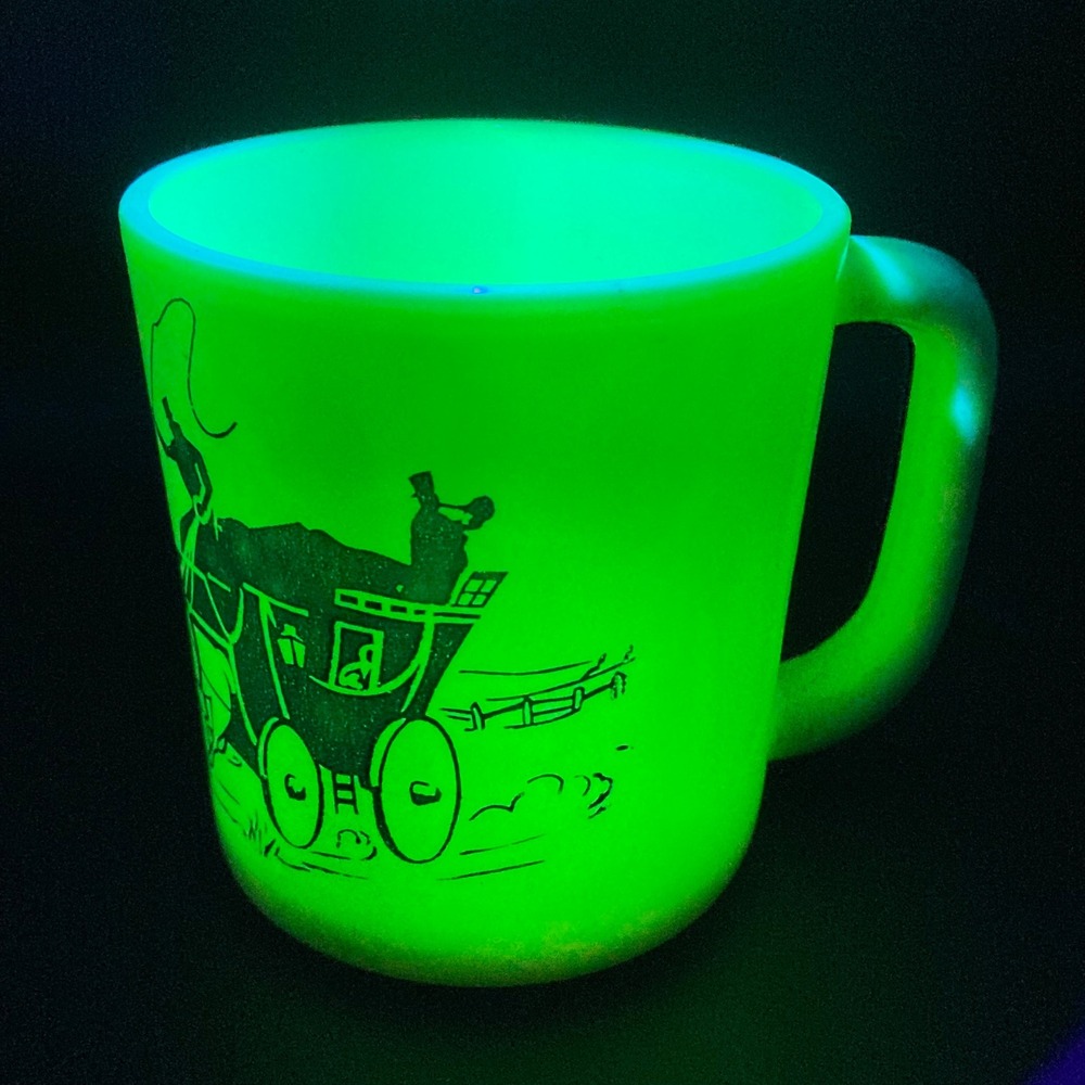 Anchor Hocking Vitrock Stagecoach Coffee Mug Blue White Uranium Glass MCM